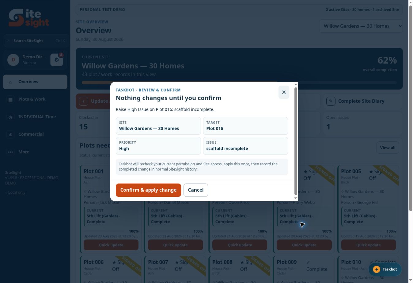 SiteSight Taskbot Review and Confirm screen